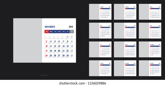 Vector design template of calendar for 2019 year. 