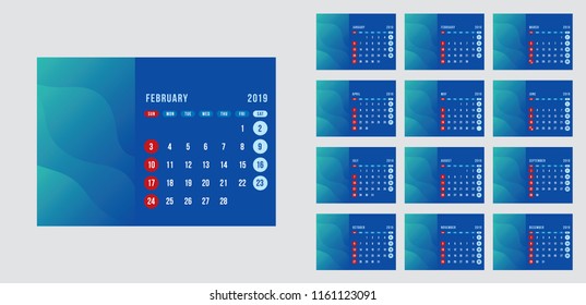 Vector design template of calendar for 2019 year. blue tone
