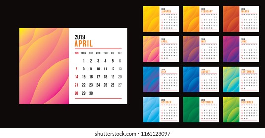 Vector design template of calendar for 2019 year. colourful backgrounds