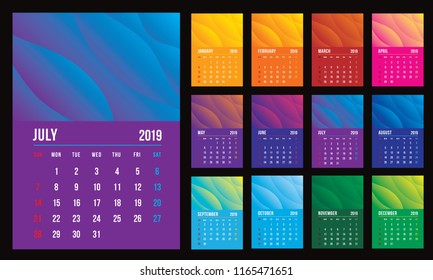 Vector design template of calendar for 2019 year. colourful backgrounds