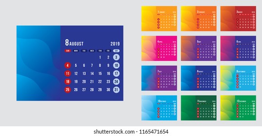 Vector design template of calendar for 2019 year. colourful backgrounds