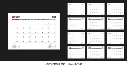 Vector design template of calendar for 2019 year. 