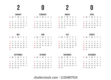 Vector design template of calendar for 2020 year. 