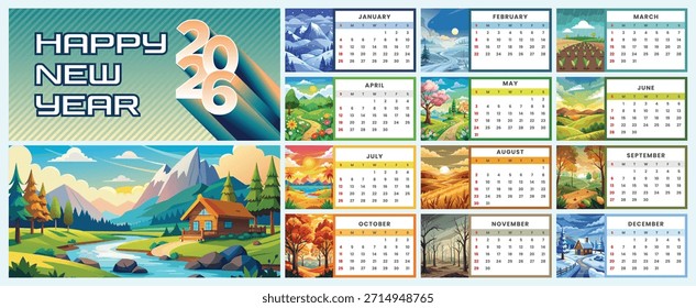 A vector design template of a calendar 2026 with landscape flat design 