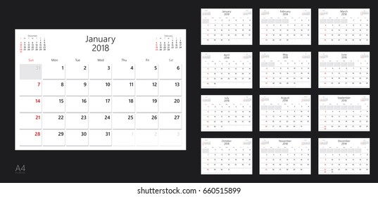 Vector design template of calendar planner for 2018 year. 