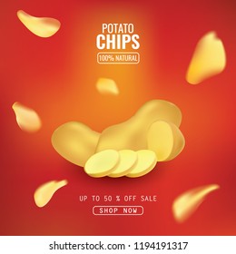 Vector design template for Chips advertising. Chips on light background. 3d illustration