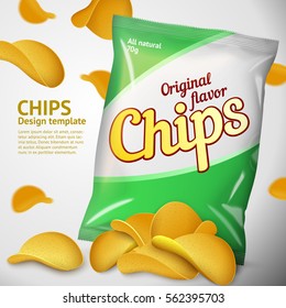 Vector design template for Chips advertising. Package with place for design, chips pile and chips on background.