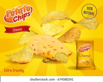 Vector design template for Chips advertising. Package with place for design. Cheese chips on light background. 3d illustration