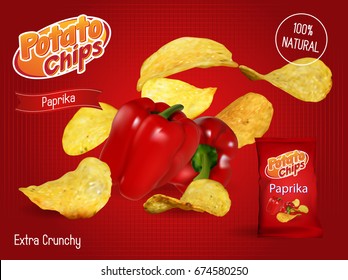 Vector design template for Chips advertising. Package with place for design. Paprika chips on light background. 3d illustration