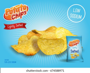 Vector design template for Chips advertising. Package with place for design. Chips on light background. 3d illustration