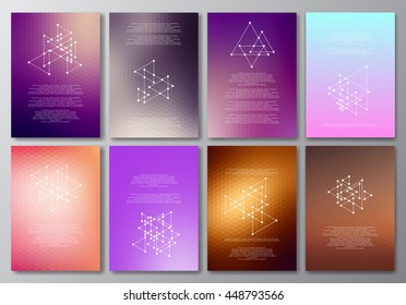 Vector design template collection for banner, flyer, placard, poster, greeting card, brochure. Abstract modern polygonal backgrounds. Set of patterns, vintage labels, logo. 