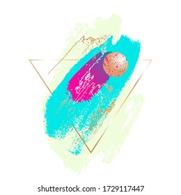 Vector-Designvorlage. Farbe, goldene Pinselstriche, goldener Ball mit einer Farbstruktur und goldenes Dreieck auf weißem Hintergrund. 