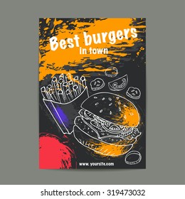 Vector design template. Colorful fast food illustration. Hand drawn burger and french fries on bright color spots and black background. Flyer and restaurant menu background.