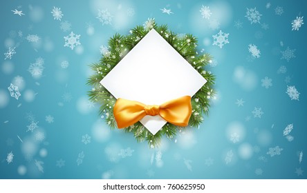 vector design template with coniferous tree branches and place for text. snowfall of snowflakes on a blue background