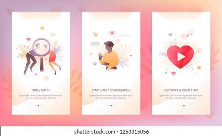 Vector Design Template Of Dating App UI. Onboarding Illustrations With People Characters And Hearts For Online Communication.