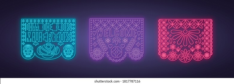 Vector design template for Dia de los Muertos (Day of the dead).  Colorful papel picado collection in neon style. Mexican traditional decorations.