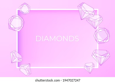 Vector design template with diamonds, gems and pink crystals. Invitation card design. Wedding and birthday pattern.