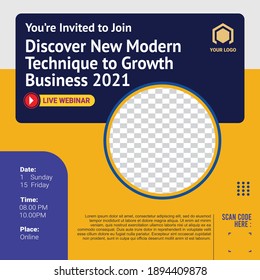 Vector Design Template Discover new modern technique to growth business 2021, with dark blue and orange background