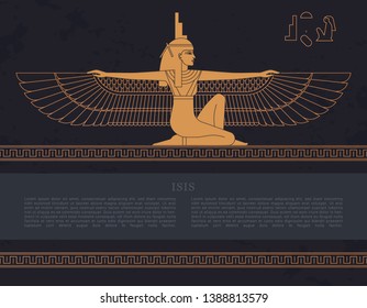 Vector design template Egyptian fertility goddess Isis isolated on the hand-drawn background from Egyptian pyramids, a symbol of femininity and marital fidelity, goddess of navigation.