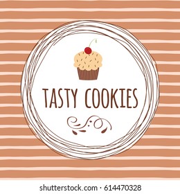 Vector design template and elements for bakery packaging in trendy linear style made in cute cartoon hand drawn style in brown coffee colors with cupcake