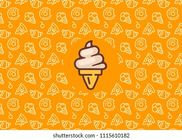 Vector design template and elements for food packaging in trendy linear style - seamless patterns with linear icons - ice cream, pizza, croissant, donut and cakes.