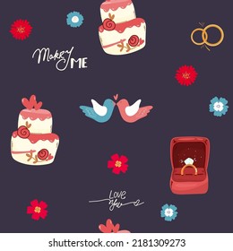 Vector  design template with elements for Wedding in trendy. Seamless patterns with icons related to Wedding ring, cake, engagement doves , flowers Vector. Vector illustration