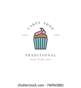 Vector design template and emblem - cupcake icon for cake shop. Sweet shop. Logo in trendy linear style