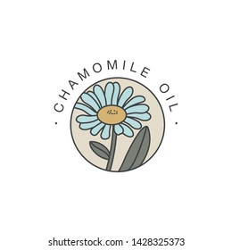 Vector design template and emblem - healthy and cosmetics oil. Chamomile natural, organic oil. Colorful logo in trendy linear style