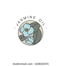 Vector design template and emblem - healthy and cosmetics oil. Jasmine natural, organic oil. Colorful logo in trendy linear style