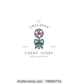 Vector design template and emblem - lollipop candy icon for candy store. Sweet shop. Logo in trendy linear style