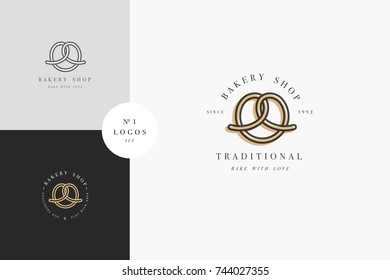 Vector design template and emblem - pretzel bake icon for bakery. Sweet shop. Logo in trendy linear style