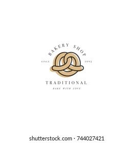 Vector design template and emblem - pretzel bake icon for bakery. Sweet shop. Logo in trendy linear style