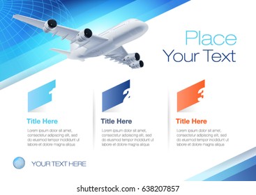 Vector design template with flying airplane, horizontal. EPS10 vector file. 