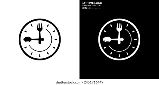 Plantilla de diseño de Vector de tenedor y cuchara combinación con el logotipo del reloj, restaurante, comida, descanso, símbolo EPS 10