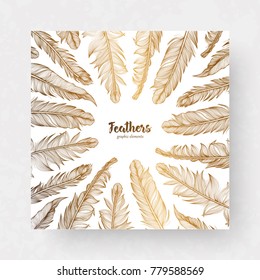 Vector design template with gold feathers for invitations, wedding greeting cards, certificate, labels.