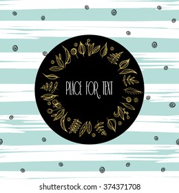 Vector design template with gold floral frame on stripe background