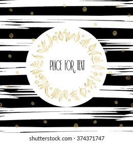 Vector design template with gold floral frame on stripe background