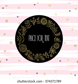 Vector design template with gold floral frame on stripe background