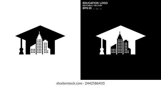 Vector design template of graduation hat with urban buildings, education, students, universities, icon symbols EPS 10