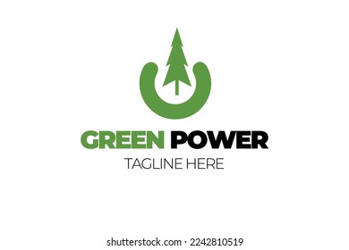 Eine Vektordesign-Vorlage für ein grünes Energiemodell oder ein Symbol mit einem Betriebsschalter und einem Kiefernbaum.