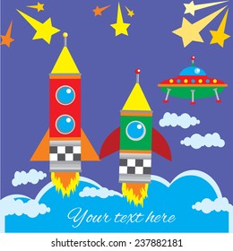 Vector design or template for the greeting card or other printed products with the image of the cosmos, stars,two rockets and flying saucers.