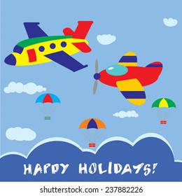 Vector design template for greeting card and other printed products or set of vector objects  with the image of the sky, two airplanes and parachutes.