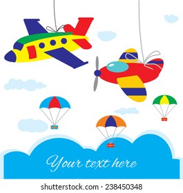 Vector design template for greeting card and other printed products or set of vector objects  with the image of the sky, two airplanes and parachutes.
