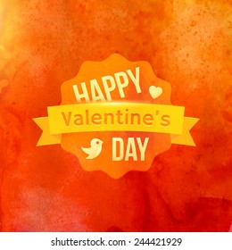 Vector design template for greeting card at Valentines Day with typographic label on red textured watercolor painted background
