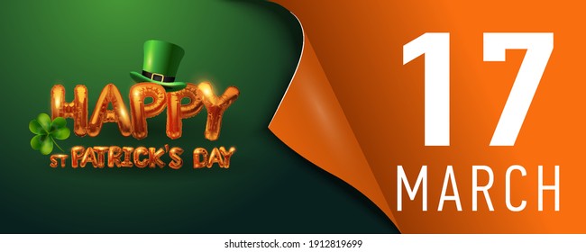 Vector design template for horizontal St. Patrick's Day poster. a green leprechaun hat and metal letters of congratulations on the banner with a curved edge. vector
