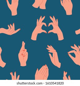 Vector design template icons emblems - himan hands in in different gestures. Seamless pattern