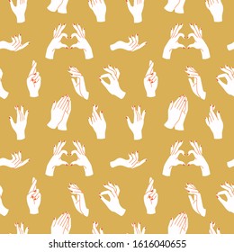 Vector design template icons emblems - himan hands in in different gestures. Seamless pattern