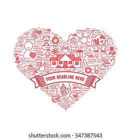 Vector design template with icons in trendy linear style - charity concepts and volunteer organization emblem - love and care