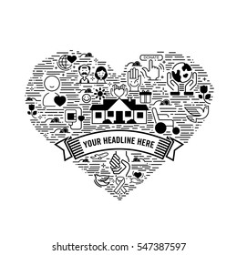 Vector design template with icons in trendy linear style - charity concepts and volunteer organization emblem - love and care