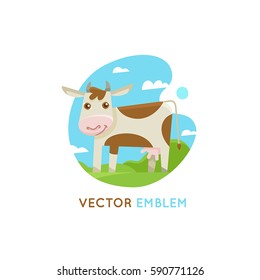 Vector design template and illustration in flat style - funny cow - concept for milk and dairy industry and packaging - organic, natural and fresh food from farm
